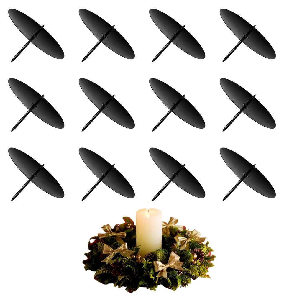 12 Stück 6 cm Kerzenhalter für Adventskranz Schwarz Metall Kerzenständer Set Kerzenteller zum Stecken für DIY Kranz Advent Weihnachten Tischdek...