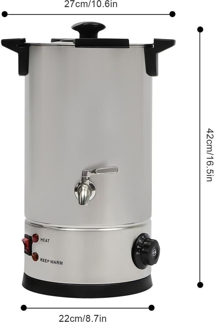 A silver electric wax melter with a black lid and base, featuring a spigot and control panel, with dimensions indicated by measurement lines and text.