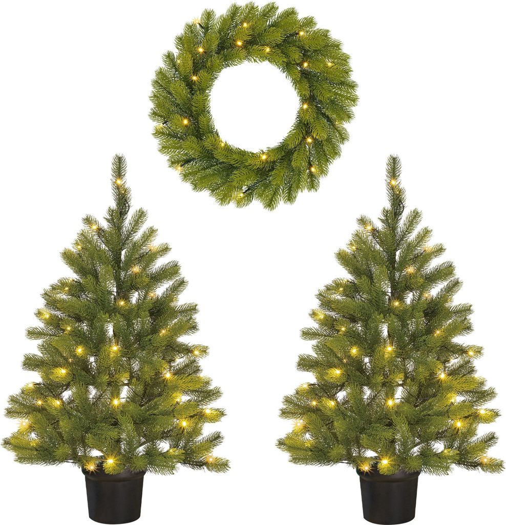 Black Box Trees Nagoya Weihnachtsbaum und Weihnachtskranz-Set – 2 künstliche Weihnachtsbäume und 1 Kranz mit LED-Beleuchtung – Grün