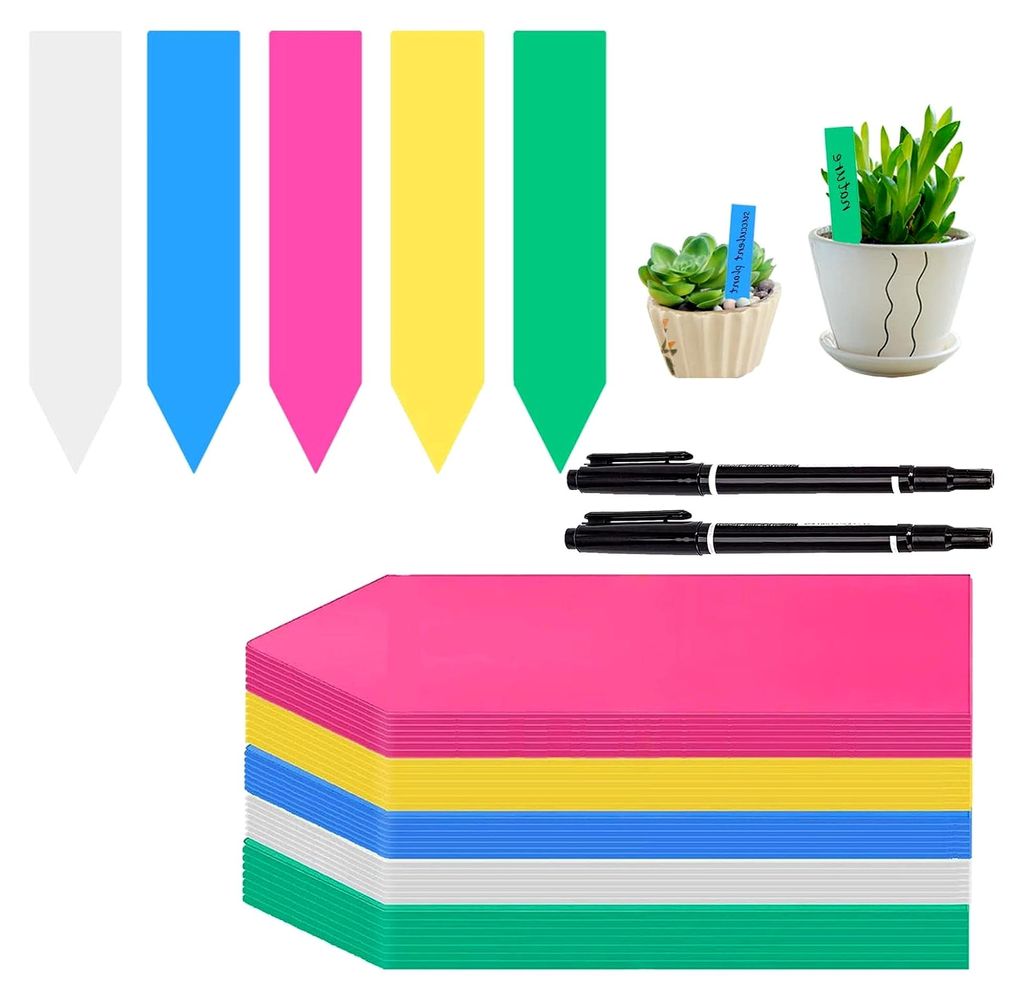 500 Stück Pflanzenschilder aus Kunststoff, wetterfeste Pflanzenbeschriftung, Gartenzubehör Pflanzenstecker 10 x 2,9 cm mit 2 Markern zur Kennzeic...