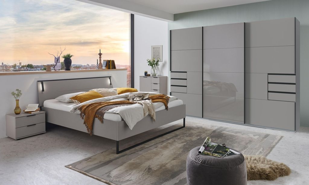 Schlafzimmer-Set >Tilburg< (5tlg.) Bett 168x92x210cm, Schrank, Kommoden, Saharagrau / Grafit
