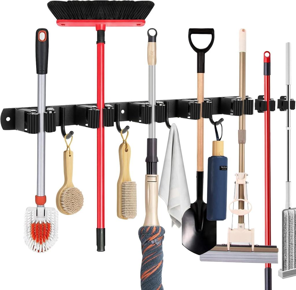 Besenhalter aus Edelstahl – 5 Halterungen + 4 Haken + 2 Schlitze – für Zuhause/Küche/Bad/Garage