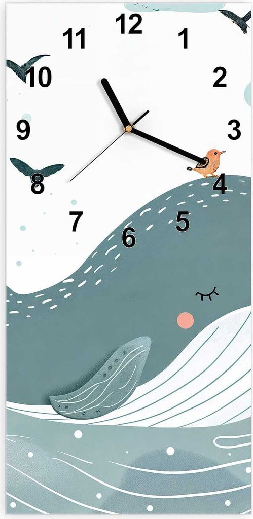 Wanduhr aus Glas mit Motiv Schlafender Wal- 30 x 60 cm - inkl. Aufhängesystem