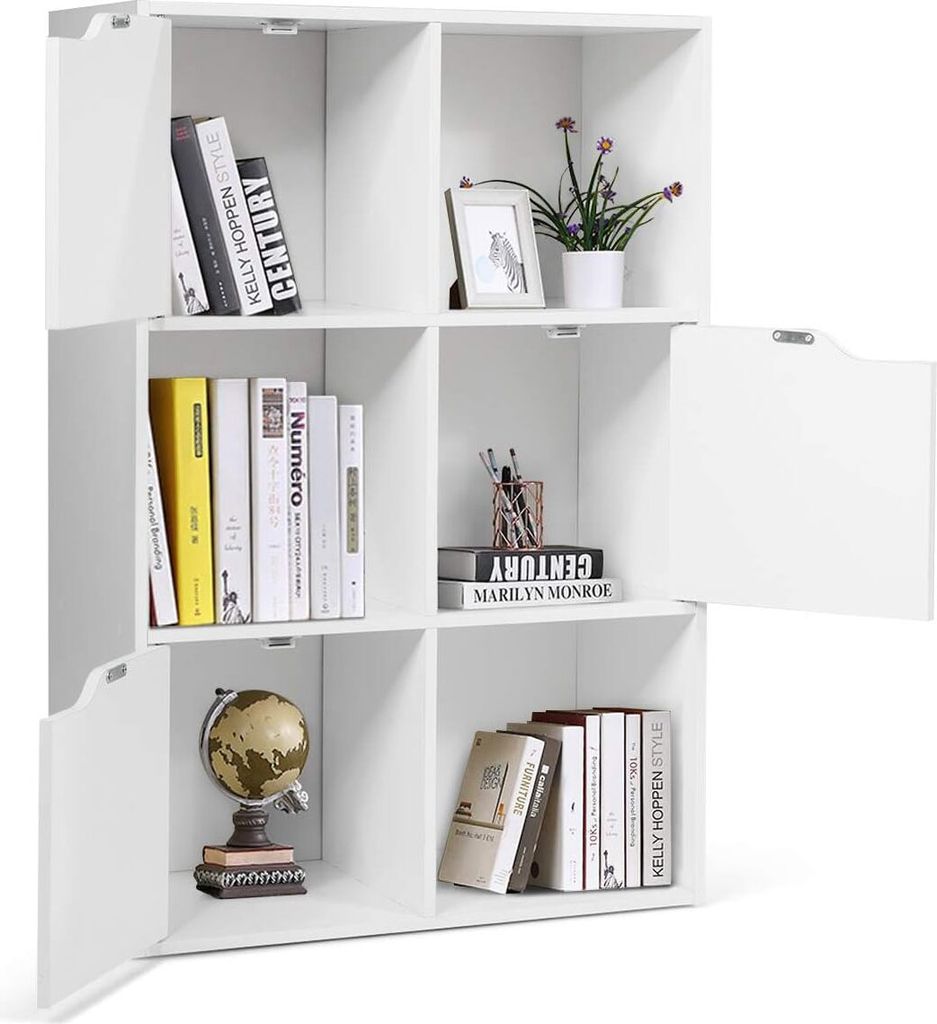 KOMFOTTEU 3 Ebenen Bücherregal mit 6 Fächern, Würfelregal Bücherschrank freistehend, Standregal Büroregal mit 3 Türen, Aktenregal 60 x 29 x 9...