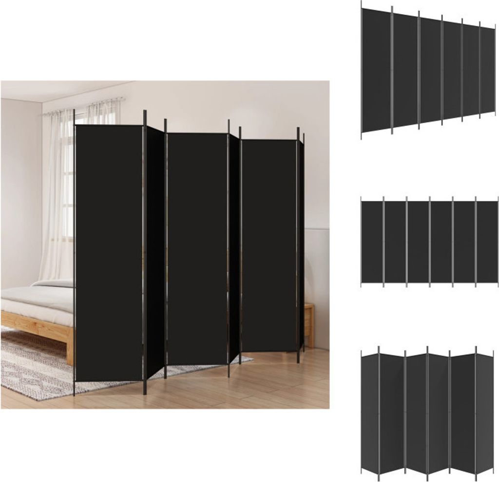 A black fabric room divider is set up in a bedroom, partially obscuring a bed and window.