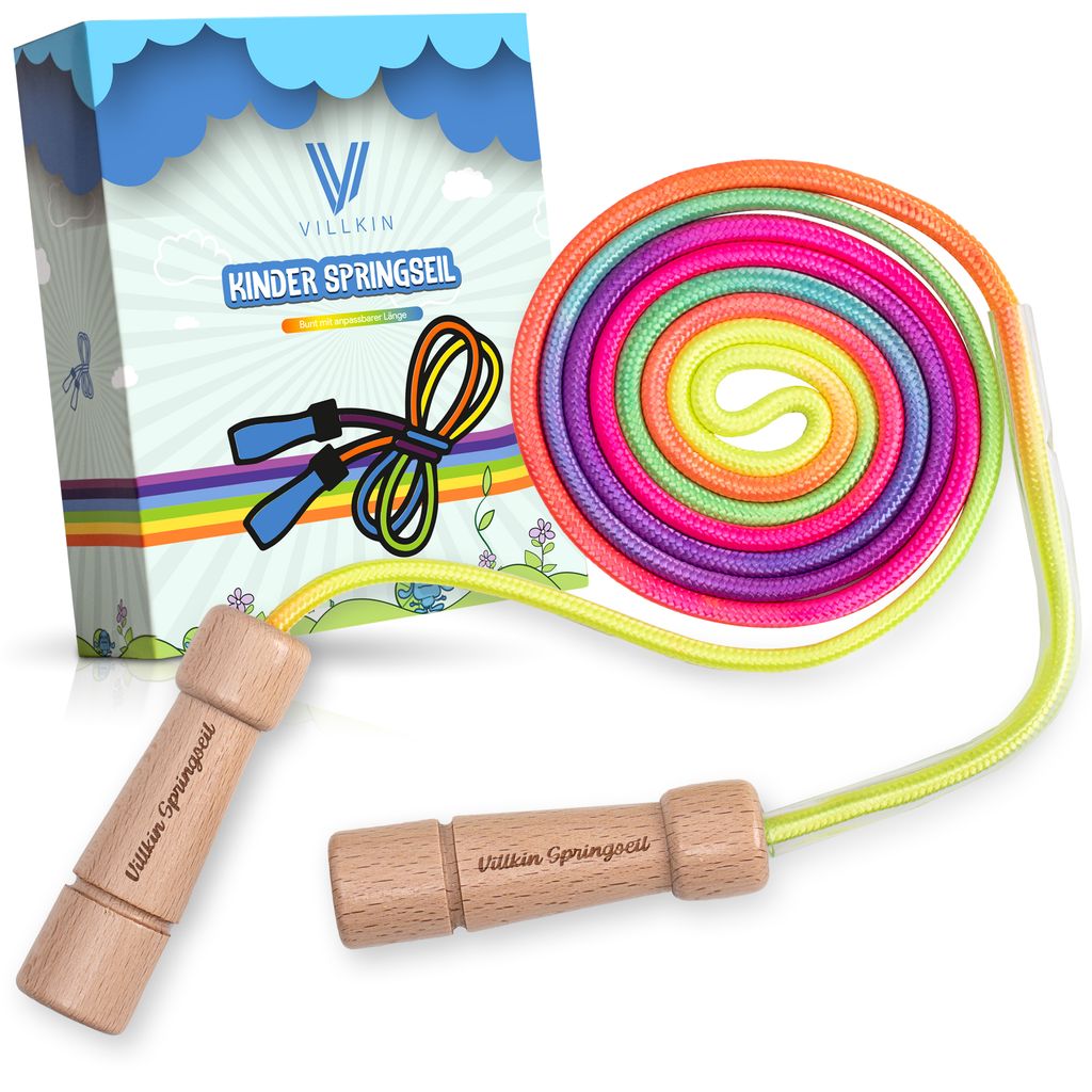 Villkin Kinder Springseil – Einstellbare Länge | Ergonomische Holzgriffe | Perfekt für Spiel, Sport & Koordination | Buntes Regenbogen-Design