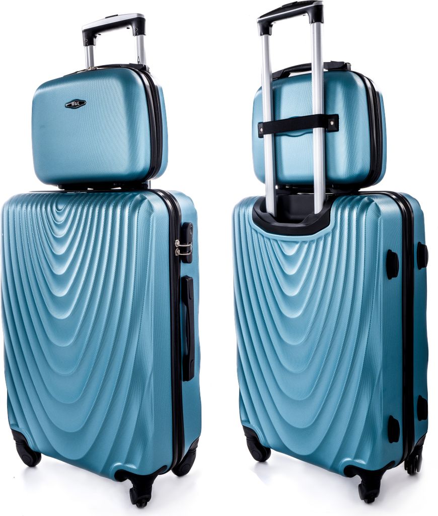 Two views of a blue luggage set on a white background.