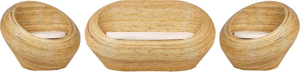BELIANI Lounge Set Naturfarben Rattan 3-Teilig Geflochten Sofa u. 2 Sessel mit Beigen Kissen Nest-Optik Boho Outdoor Indoor Garten Terrasse Rattanm...