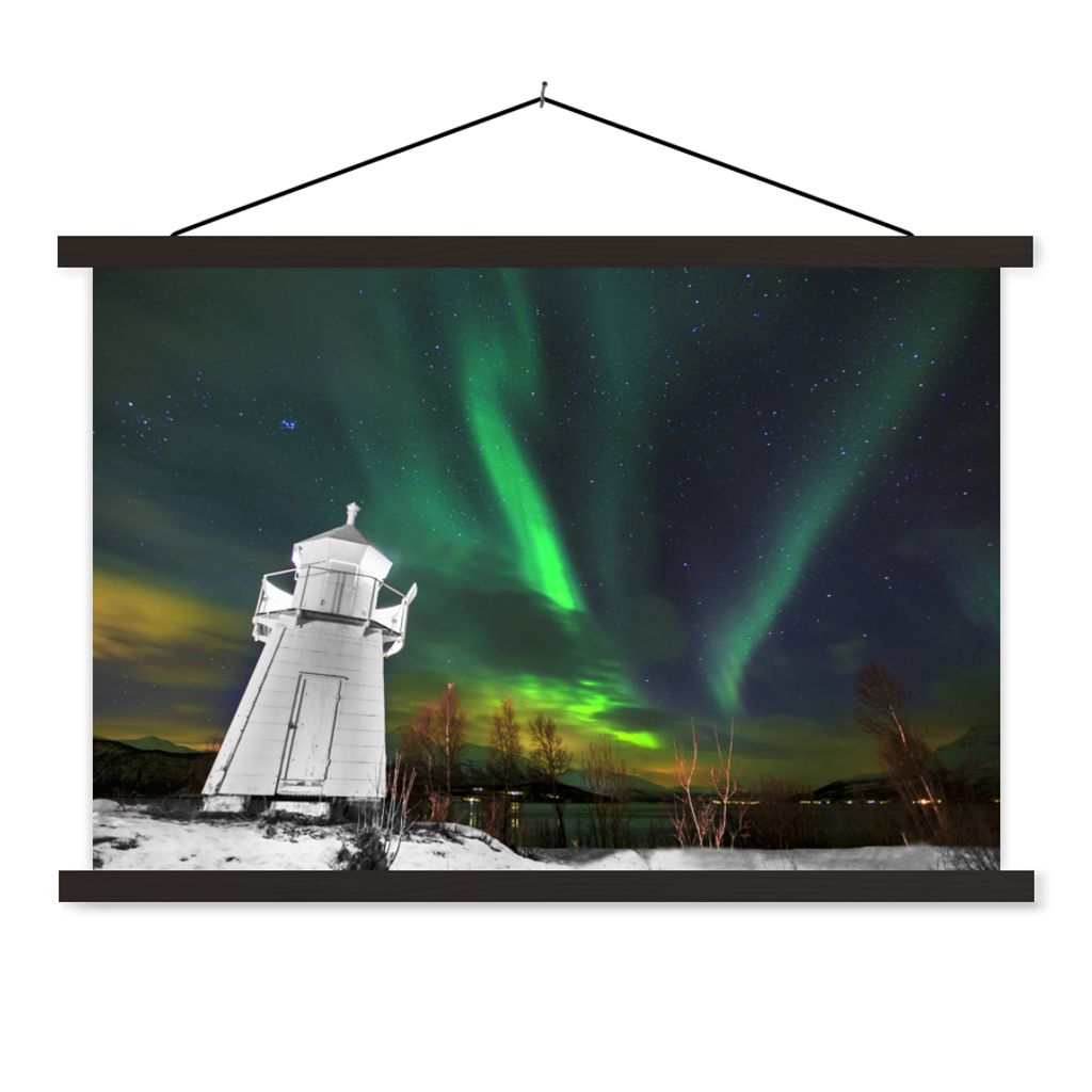 MuchoWow Textilposter Nordlichter - Leuchtturm - Norwegen 90x60 cm mit schwarzem Rahmen - Aufhängungssatz