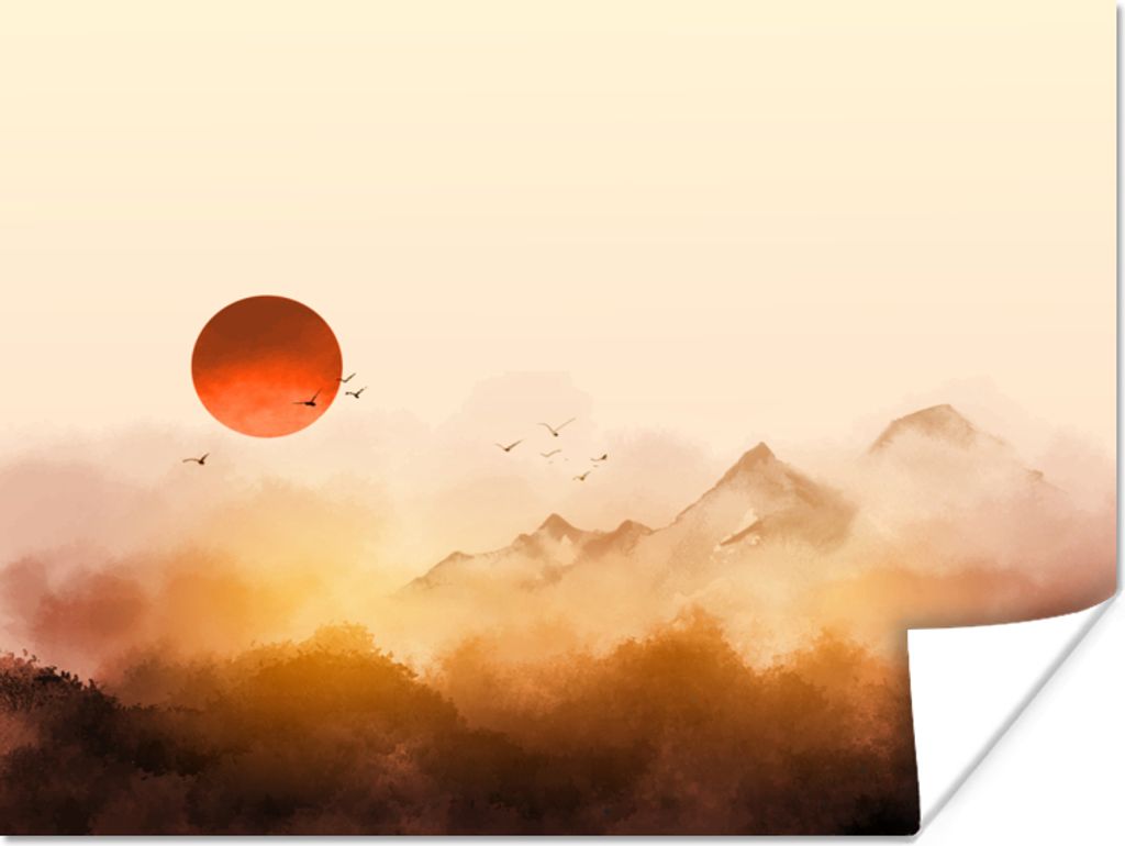 MuchoWow Poster Gemälde - Vogel - Berge - Sonne - Öl 40x30 cm - Plakate für die Wände - Poster Wohnzimmer