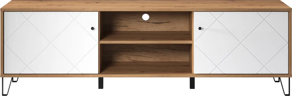 Touch Meuble TV Chêne et Blanc Mat - 2 Portes et 2 Niches Ouvertes