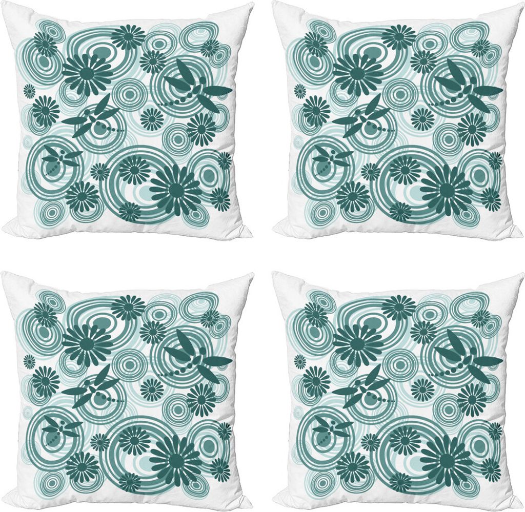 ABAKUHAUS Libelle Kissenbezug Set (4 Stück), Abstrakt Gänseblümchen-Blume, Moderner Doppelseitiger Digitaldruck, 45 cm x 45 cm, Petrol Blau Weiß
