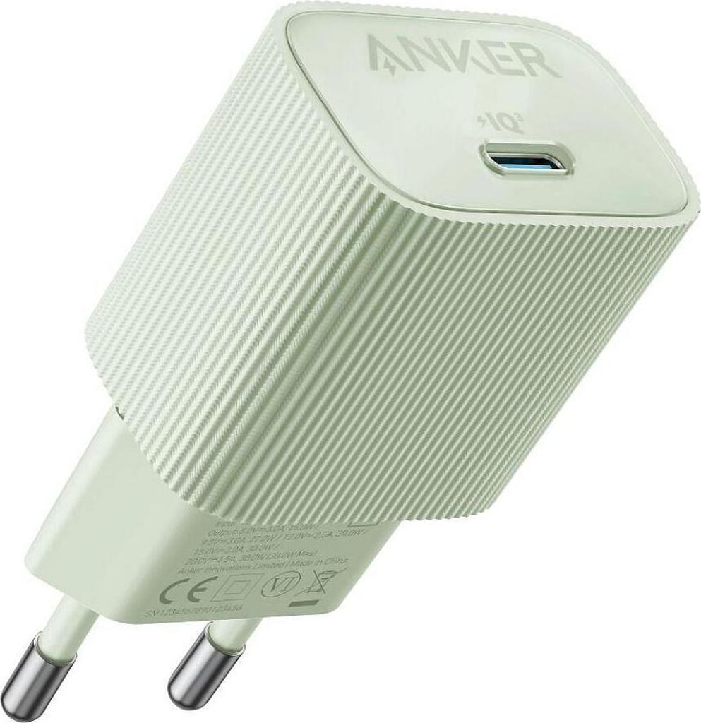A white Anker Nano power adapter with a USB-C port.