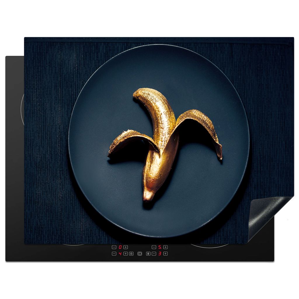 KitchenYeah Herdabdeckplatte Goldene Banane auf dunklem Hintergrund , 77x59cm, Küche Deko, Glaskeramikkochfeld Herdabdeckung, Abdeckplatte fùr ...