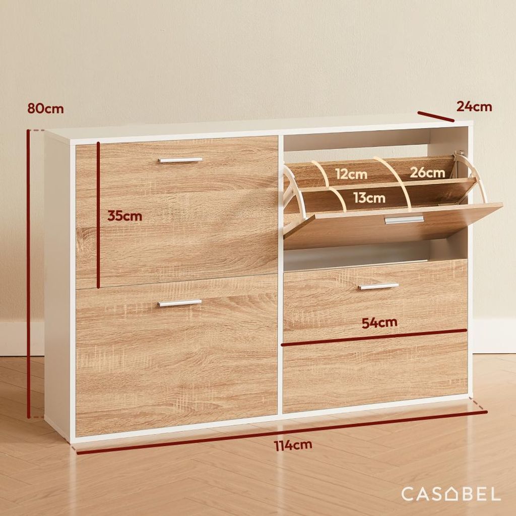 CASABEL Schuhschrank mit 4 Klappen, Schuhregal Holz & Weiß, Modernes Design, Große Kapazität für 24 Paar, Praktischer Stauraum für Flur, Eing...