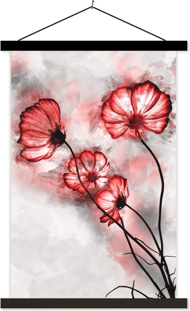 MuchoWow Textilposter Blumen - Aquarell - Rot 40x60 cm mit schwarzem Rahmen - Wanddekorationen