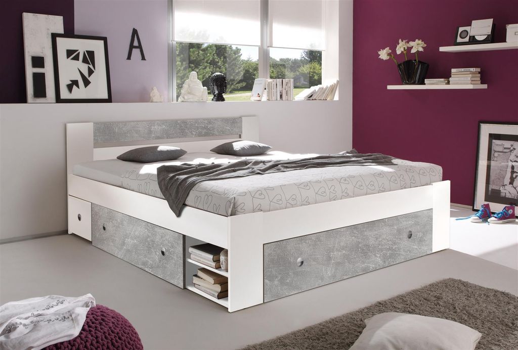Bett Bettgestell Ehebett Bettanlage Kojenbett "Robina I" Beton / Weiß