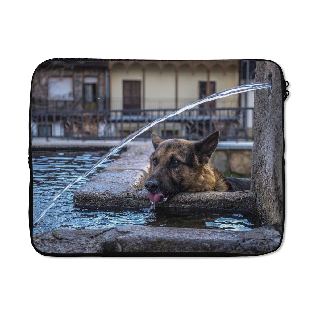 MuchoWow Laptop Hülle 17 Zoll Laptoptasche Deutscher Schäferhund - Hund - Trinken - Zipper - Schutzabdeckung