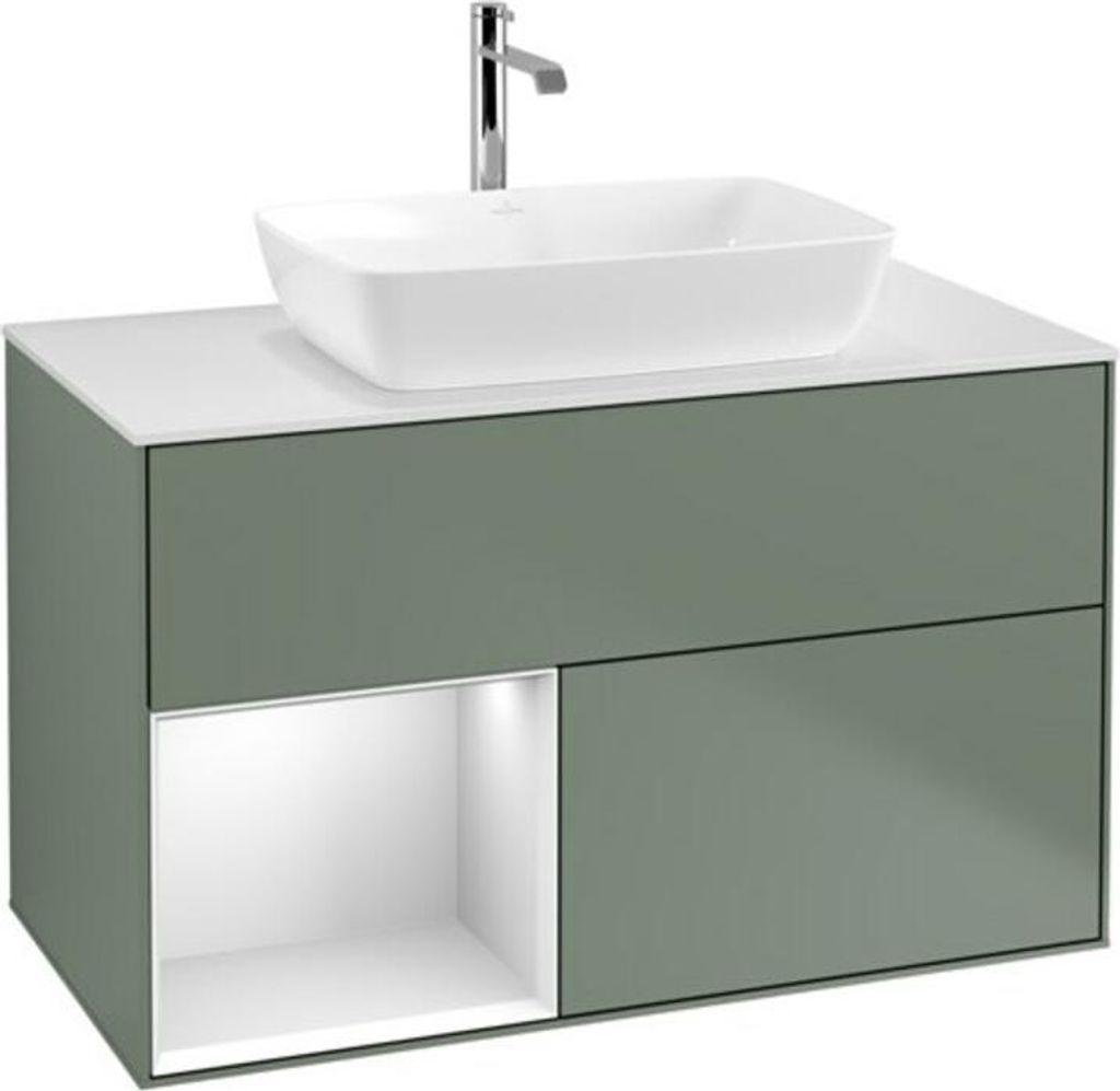 V&B Waschtischunterschrank Wandbeleuchtung Finion 100, Pl wh. m, Reg wh. m Lac, Oli. m Lac