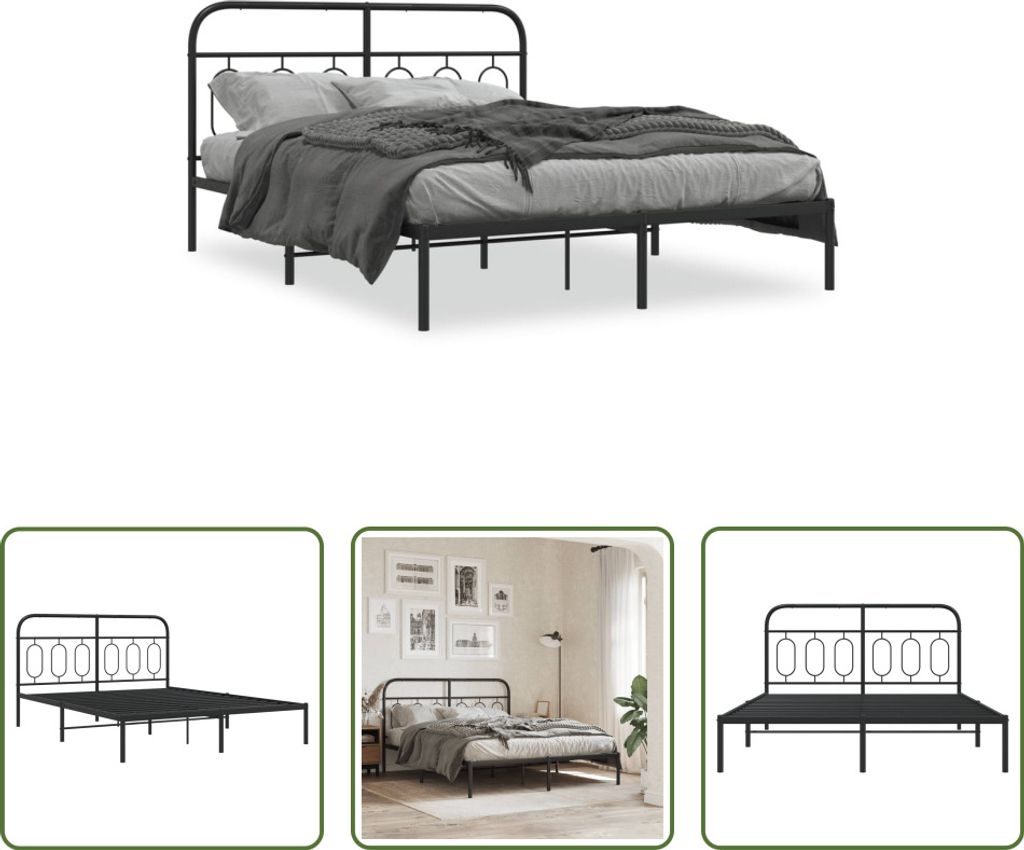 The Living Store Bettgestell mit Kopfteil Metall Schwarz 135x190 cm