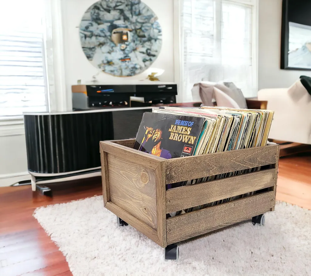 Meuble vinyle wengé sur roulettes, structure ajourée design minimaliste - 2