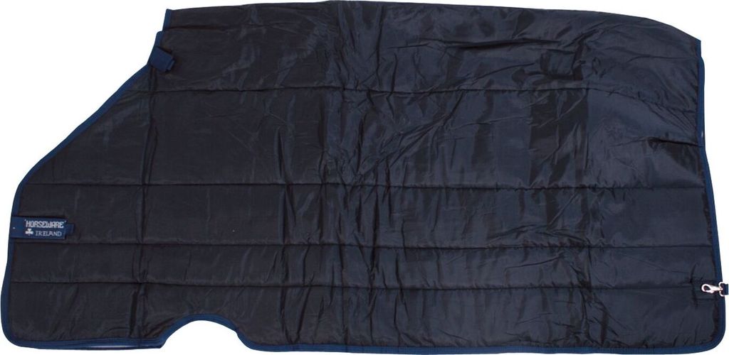 A dark blue quilted horse blanket laid flat on a white background.