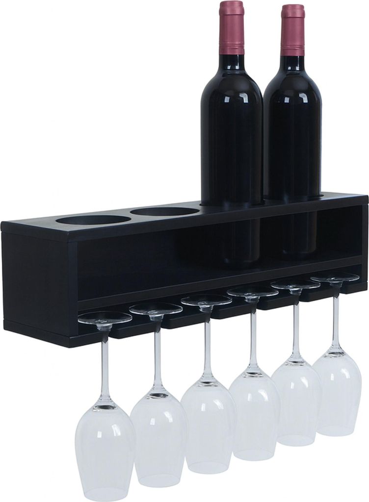 Weinregal MCW-P21, Glas-/Flaschenhalter Wandbar Regal für 4 Flaschen/6 Gläser Holz MVG- 12x48x12cm schwarz