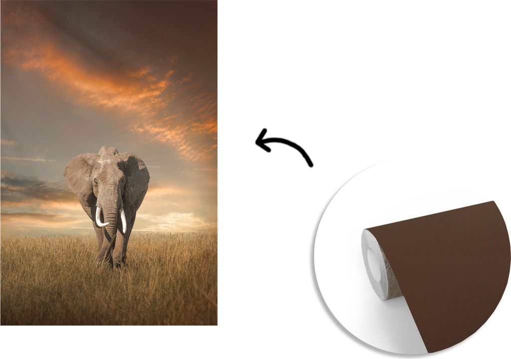 MuchoWow Fototapete für Wohnzimmer oder Schlafzimmer Wandtapete Vinyl Motivtapete Weidender Elefant - 150x220 cm - Wandbilder