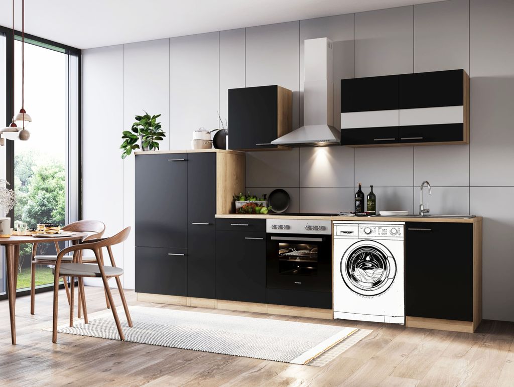 Küche Küchenzeile für Unterbau Waschmaschine Eiche Schwarz Merle 310 cm Respekta