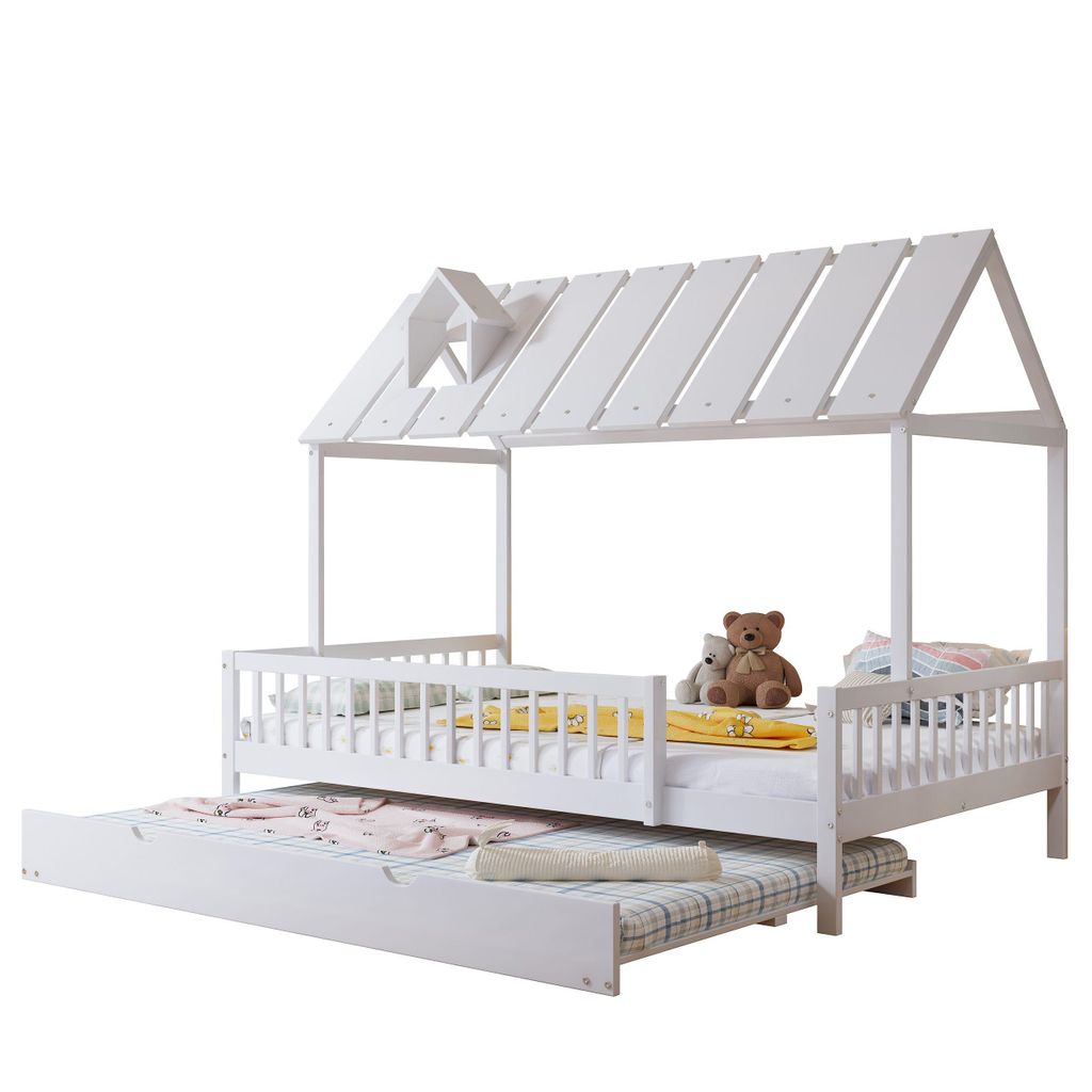Hausbett mit Ausziehbett und Lattenrost, 120x200 cm, Kinderbett mit Rausfallschutz, Kiefer