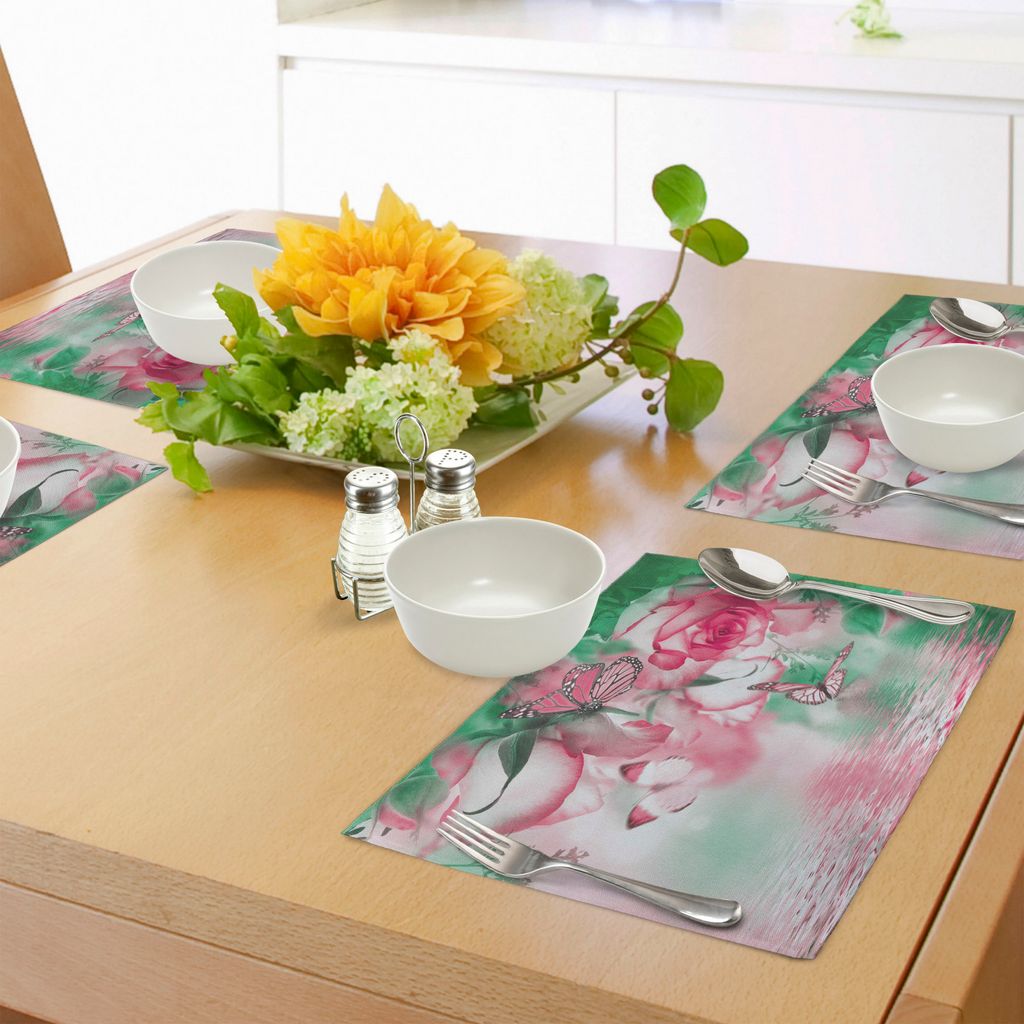 ABAKUHAUS Frühling Platzmatten, Refreshing Rosenblätter und Butterfly Water Romance Beauty Bouquet Design, Tiscjdeco aus Farbfesten Stoff für da...