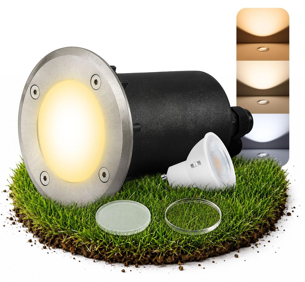 SSC-LUXon MARNE Bodeneinbauleuchte Außenlampe IP67 - inkl. LED GU10 5W LumiFLEX - Gartenlampe rund Optik Edelstahl gebürstet mit zwei Gläser mat...