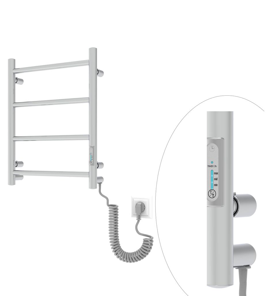 A silver electric towel radiator is shown on a white background, with a close-up inset of its control panel.