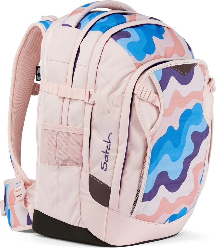 A side view of a pink backpack with a colorful wavy pattern.