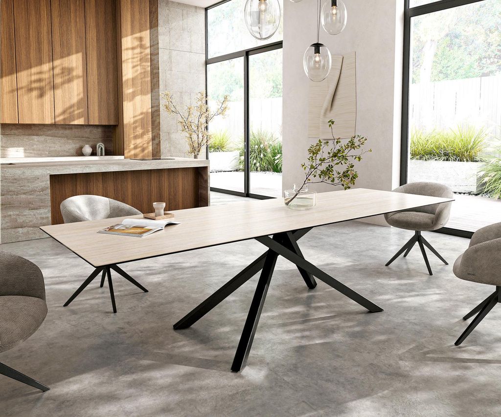 DELIFE Esstisch Edge 300x100 cm Keramik Laminam Travertino Bianco Creme-Weiß Kreuzgestell Rechteck Schwarz
