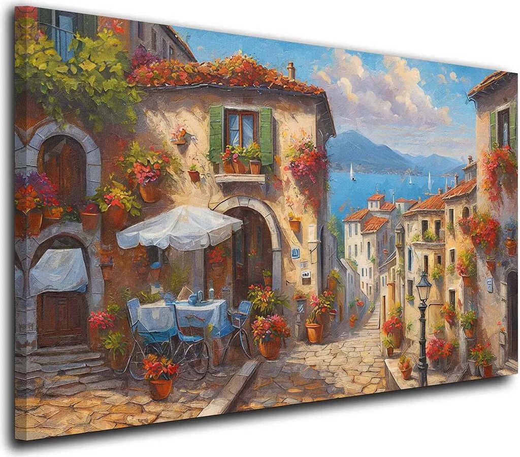 Italien Dorf Altstadt Meeresblick Wandbild Leinwandbild Deko Kunnst XL: 120x80x4cm