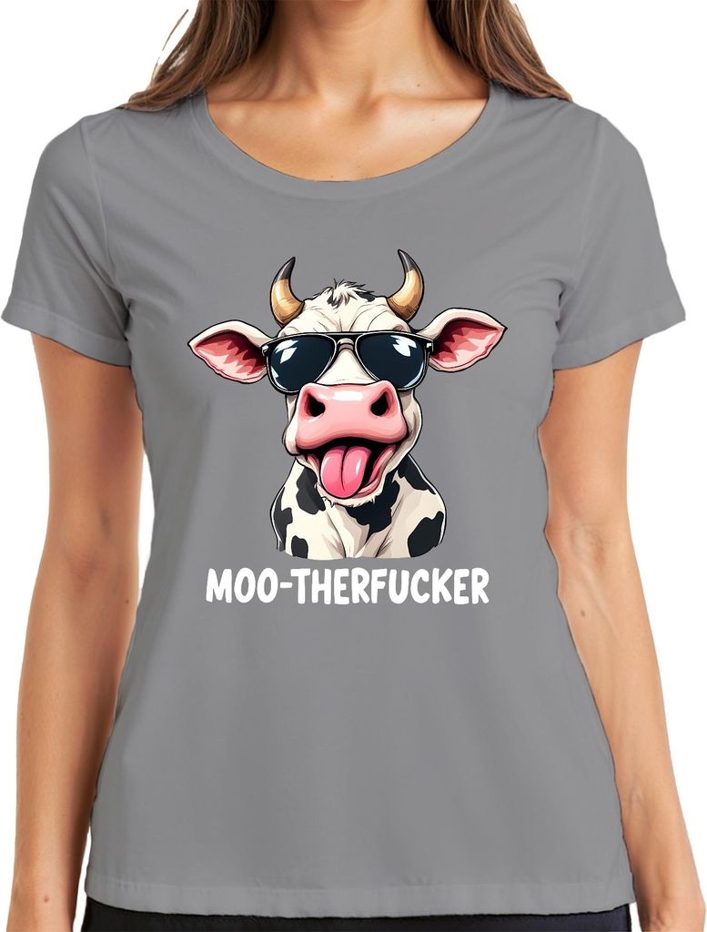 MOO-THERFUCKER lustige Kuh Sonnenbrille Cartoon Bauer Geschenk Damen T-Shirt, Grau, S