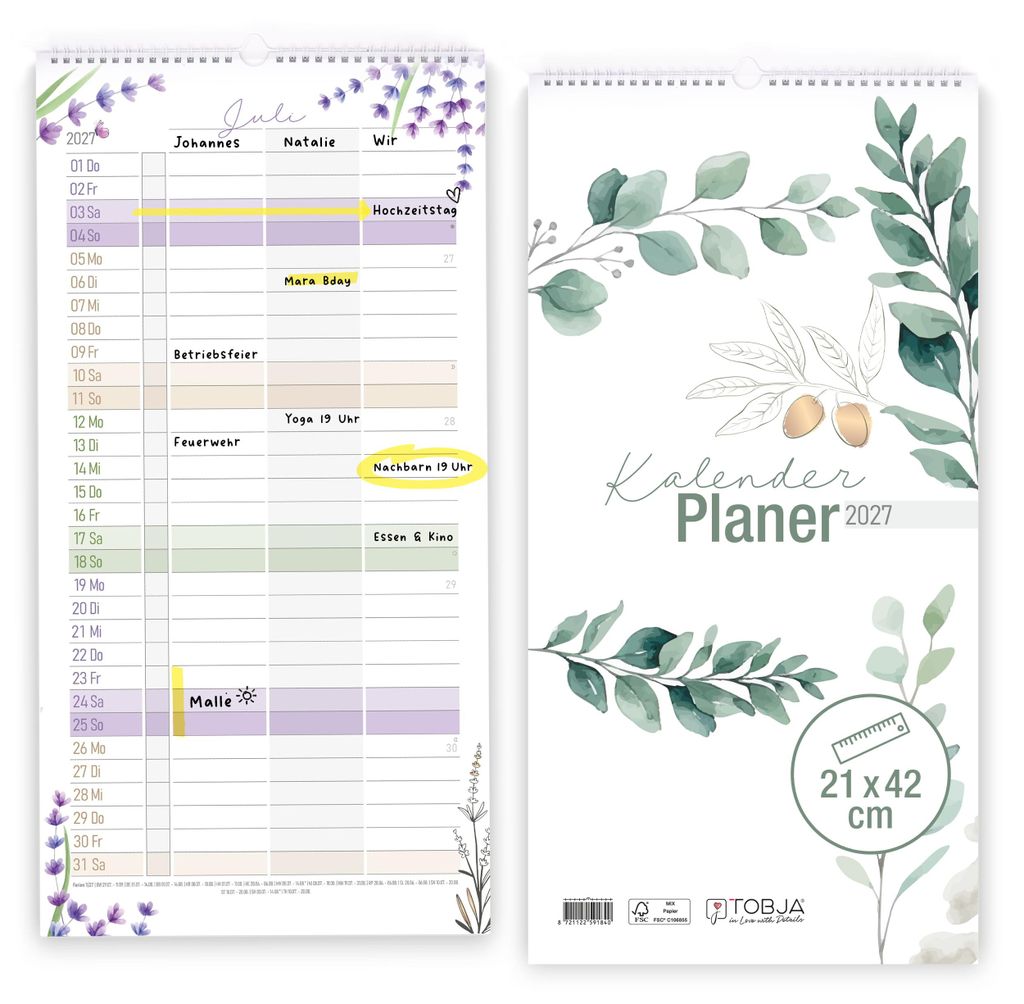 Paarkalender 2027 Olive 21x42 cm 3 Spalten Sticker-Spalte Produktbild 