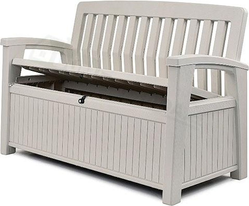 A white storage bench with its lid open, showing the storage compartment inside.