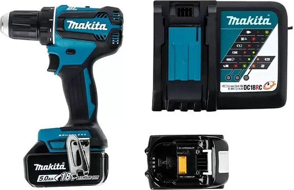 A collage of a cordless drill, its battery charger, and a battery pack.