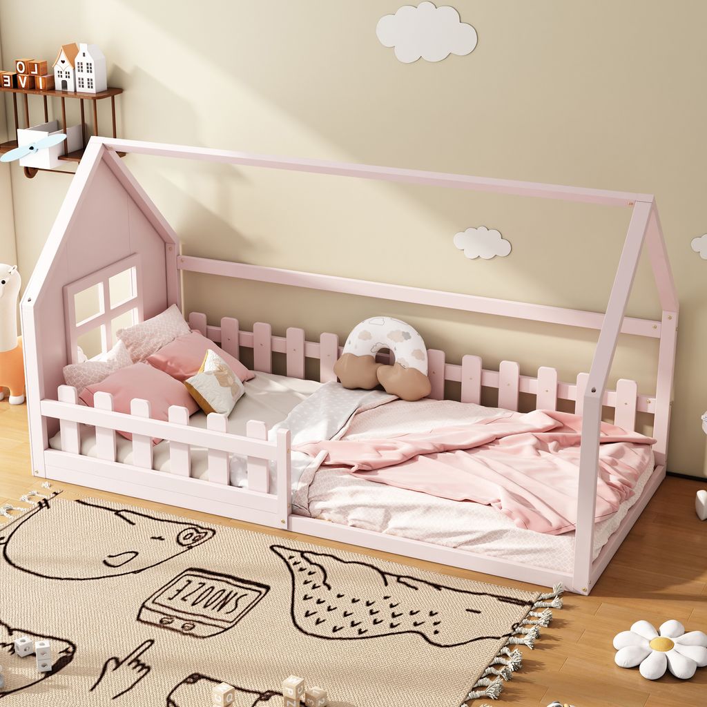 okwish Kinderbett Plattformbett 90×200 cm mit Lattenrost, Jugendbett Hausbett Holzbett mit Rausfallschutz für Jungen und Mädchen,Rosa(Ohne Matra...