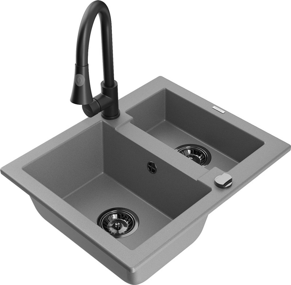 Mexen Carlos 1,5-Becken-Granitspüle mit Mischbatterie Elia, Grau - 6518-71-670101-70-B