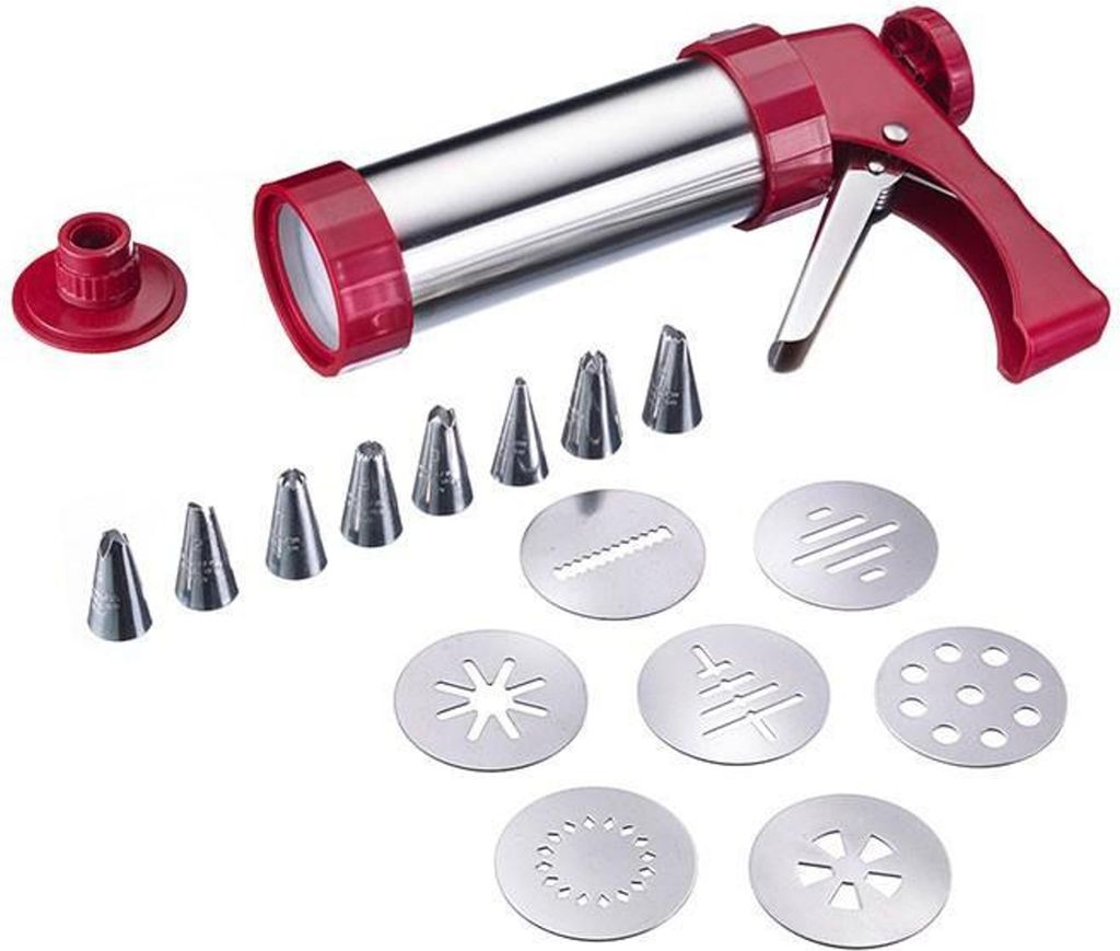 Westmark Gebäckpresse/Garnierspritze, Mit 8 Formscheiben und 8 Formtüllen, Füllmenge: 250 ml, Rostfreier Edelstahl/Kunststoff, Silber/Rot, 32332260