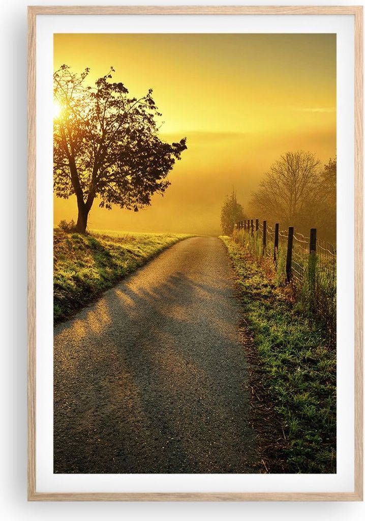 Gerahmtes Poster - Rahmen in heller Eiche - Feld Straße Baum - 61x91,5 cm - Wand Bild - Wanddeko - Wandbilder - Kunstposter - Wandposter - Bilderr...