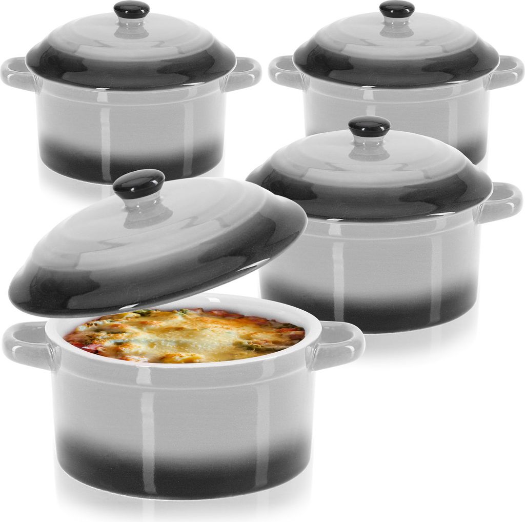 com-four 4x Auflaufform mit Deckel aus Keramik - Dessertschale für Crème Brûlée - Mini-Schmortopf für Ragout fin und Würzfleisch - grau, ca...