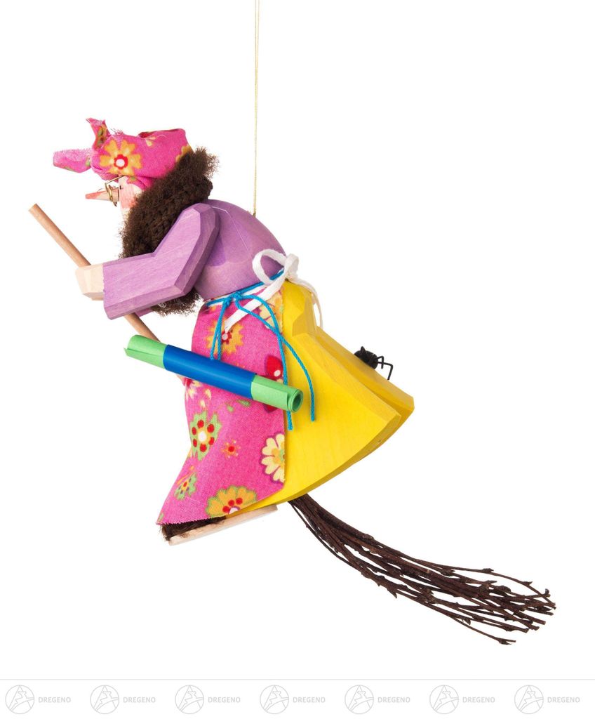 Schnitzerei Hexe mit Spinne und Pelz auf Besen, geschnitzt, zum Hängen Breite x Höhe x Tiefe 7 cmx24 cmx9 cm NEU