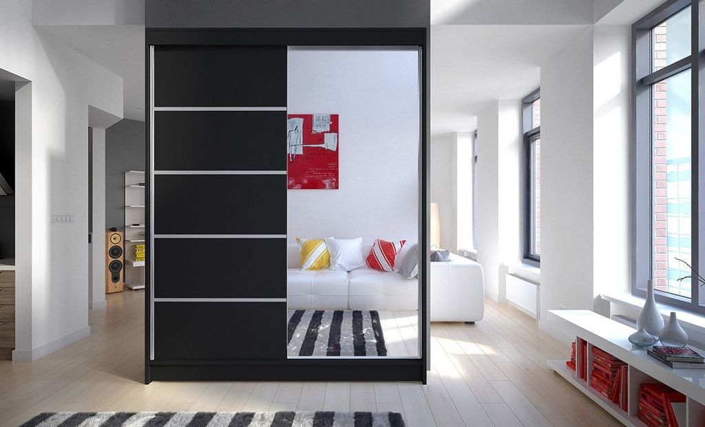Kleiderschrank mit Spiegel CHANNA 3 – Breite 150 cm, schwarz