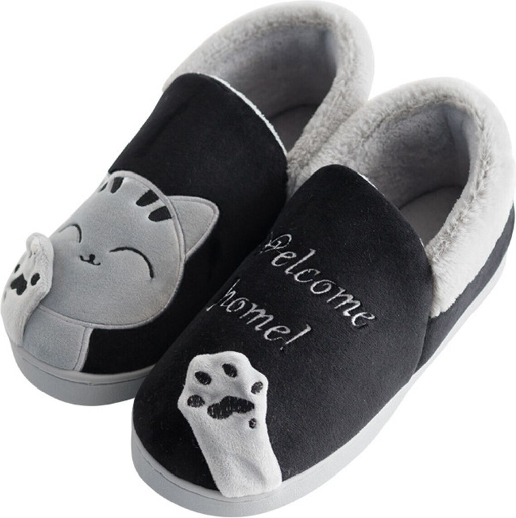 ASKSA Damen Herren Pluesch Baumwolle Hausschuhe Damen Herren Winter Warme Gefuettert weiche Pantoffeln mit Cartoon Katze rutschfeste Slippers Hause...