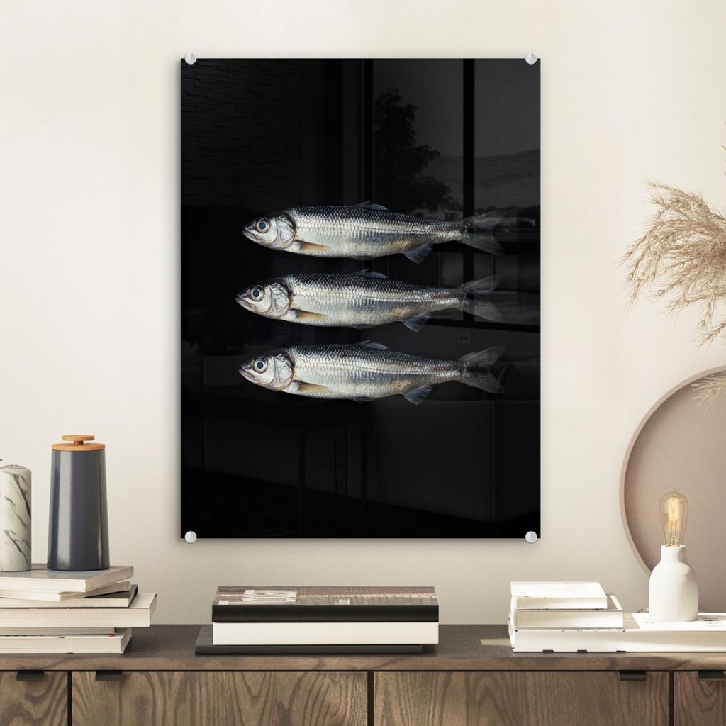 MuchoWow Glasbilder - Bilder auf Wandbild - Foto auf Glas Hering - Fisch - Schwarz 30x40 cm Wanddekoration aus Glas - Acrylglasbild - Acrylbilder -...