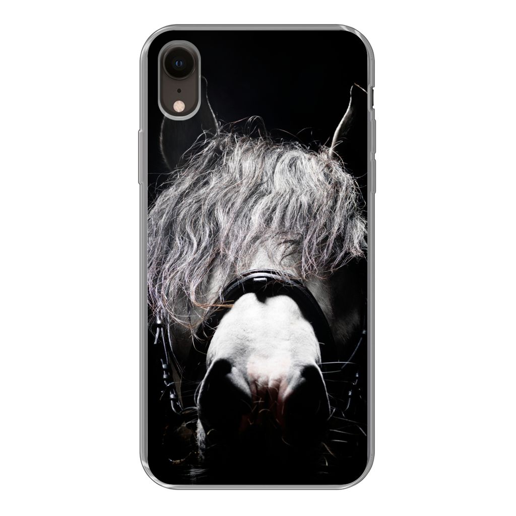 MuchoWow Handyhülle Schutzhülle Hülle für iPhone XR Pferd - Porträt - Schwarz - Weiß Silikon Softcase Handy Hülle - Schutzdeckel